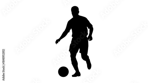 Dynamic silhouette of a male soccer player dribbling a football, isolated white background.