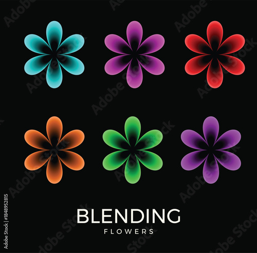 Set of colorful abstract flowers created with smooth blending and neon gradient effects on a dark background. Perfect for modern decoration, posters, covers, branding, and creative designs.