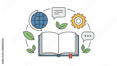 Global knowledge and communication concept with an open book and interconnected icons in a bright studio.