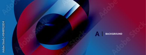 Abstract design features overlapping circles, vibrant gradients. Blue, red, purple hues create dynamic visual effect. Modern, sleek presentation.