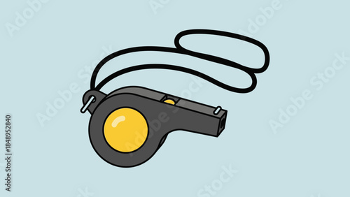 Classic black whistle with a yellow button and lanyard, in a bright studio.