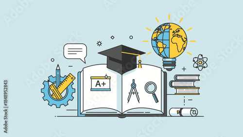 Comprehensive education and learning concept with open book and academic symbols in a bright studio.