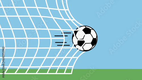 Dynamic soccer ball scoring a goal by hitting the back of the net, in a bright studio.