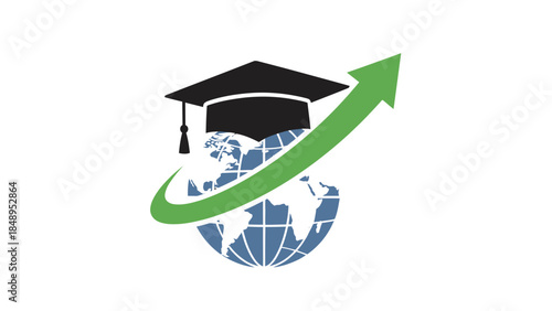 Global education concept with graduation cap and rising green arrow around a blue globe, isolated white background.