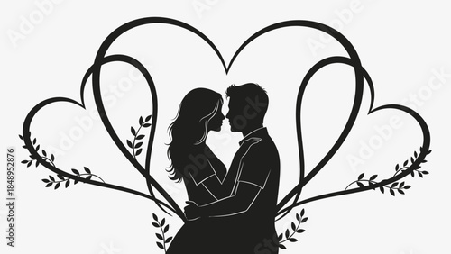 Silhouette of a loving couple embracing tenderly with decorative hearts and vines, isolated white background.