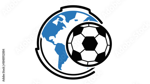 Global soccer ball icon with a blue earth globe and black outline, isolated white background.