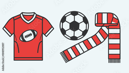 Football and rugby fan essentials with jersey, scarf, and ball, isolated white background.