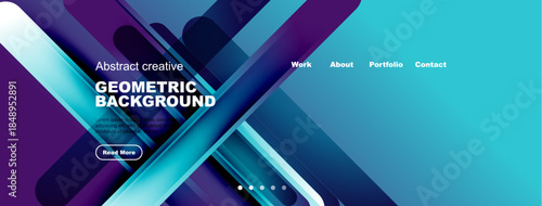 Abstract geometric background design. Purple, blue hues dominate composition. Text includes work, portfolio, contact. Button reads read more.