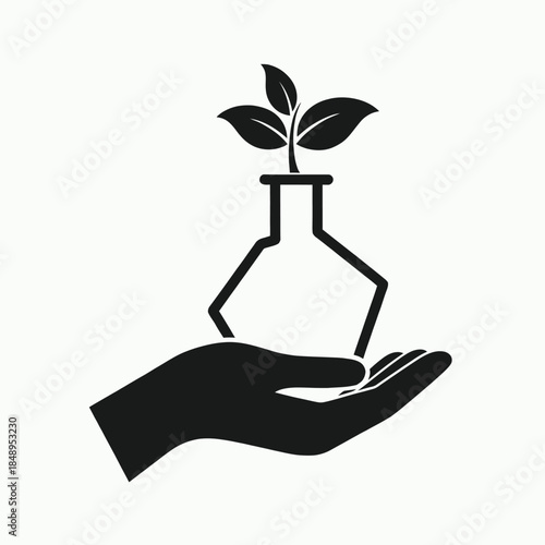 Hand holding a plant in a flask