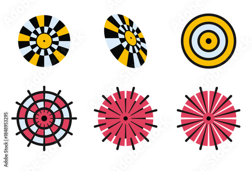 Circular target and radial dartboard wheel vector set, bulls eye and spoke pattern collection.