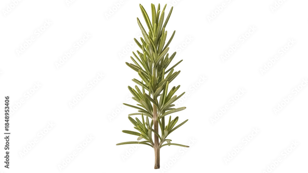 Fototapeta premium Isolated sprig of fresh rosemary with green needle-like leaves for culinary use, closeup