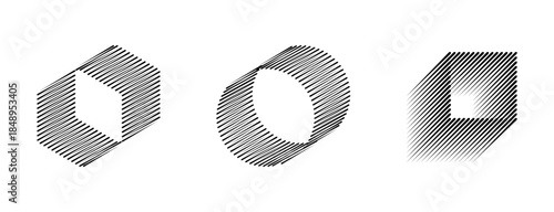 Geometric shapes with dynamic parallel hatching lines, striped frame minimal line art illustration.