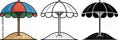 Beach umbrella silhouette & Outline and illustration set isolated on transparent background