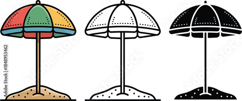 Beach umbrella silhouette & Outline and illustration set isolated on transparent background