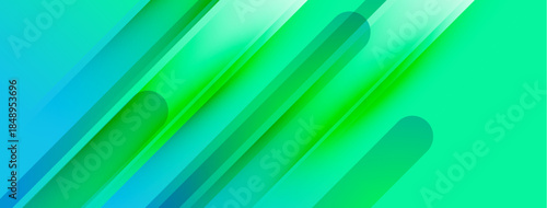 Abstract background features vibrant green, blue gradients. Dynamic lines create modern, flowing visual effect. Smooth shapes suggest movement, energy.