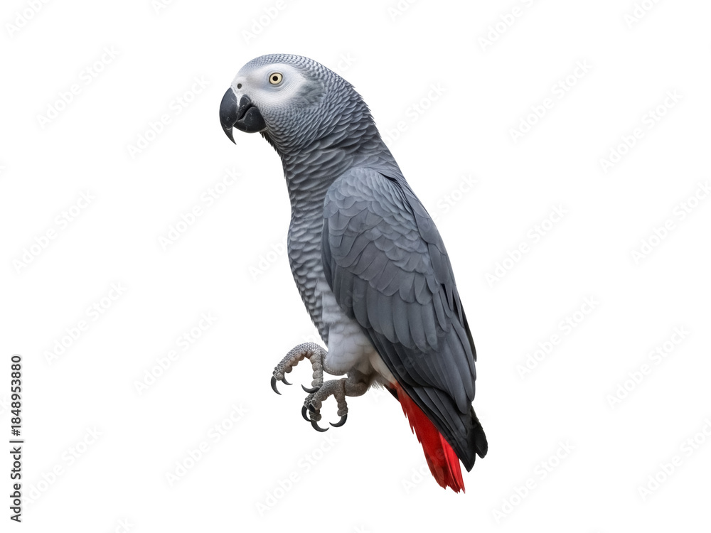 Fototapeta premium Isolated African Grey Parrot Perched, Bird with Red Tail Feathers and Grey Plumage, Standing Still