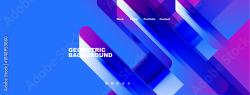 Abstract geometric background. Blue, purple layers create dynamic visual effect. Navigation menu present, text visible. Modern design.