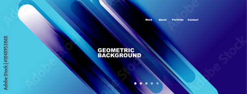 Dynamic geometric background features vibrant blue gradients, flowing shapes. Text displays work, about, portfolio, contact options. Modern design.