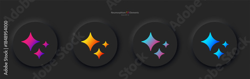 A set of four black round buttons with an artificial intelligence sign in different colors. Buttons in the neumorphic style. Vector graphics EPS 10.