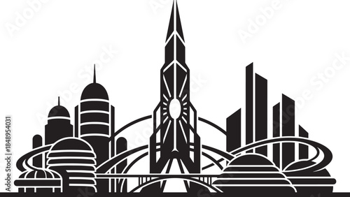 Futuristic city skyline with spires domes and elevated futuristic transport tubes