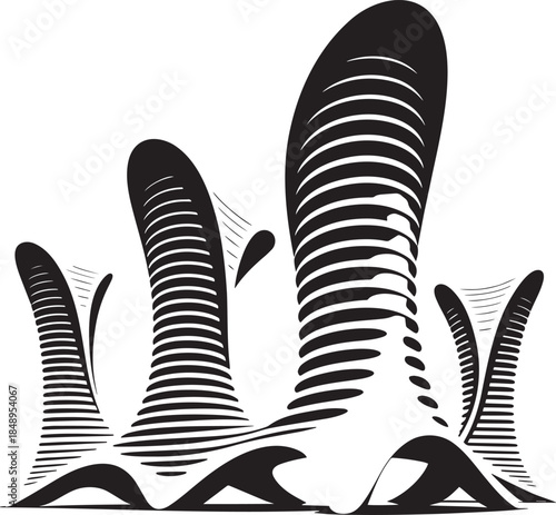 Futuristic city towers with wavy lines and organic shapes against checkered background