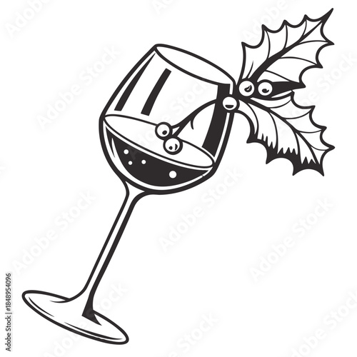 Christmas Wine Glass – Festive Holiday Drink, New Year Celebration Toast, Black and White Winter Holly Leaf Graphic, Alcohol Stem Goblet Illustration, Noel Party Icon & Seasonal Beverage Vector Design