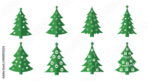 A collection of eight beautifully designed Christmas trees, each adorned with unique ornaments, perfect for festive decorations and holiday greetings to spread seasonal cheer