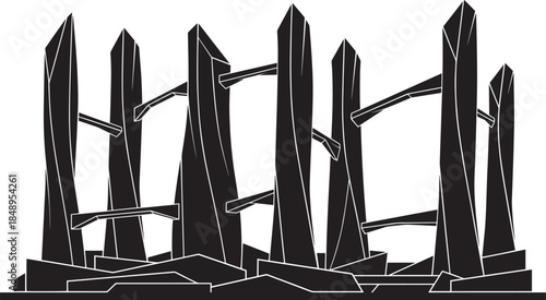 Monolithic stone pillars connected by arches on rocky base checkered background