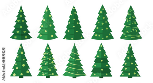 Set of Various Decorated Christmas Trees Featuring Ornaments and Lights, Perfect for Holiday Designs and Festive Greetings