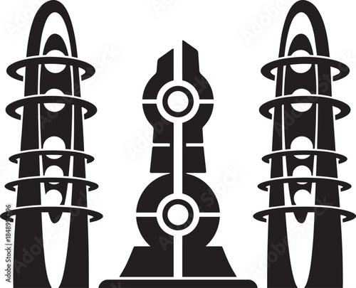 Sci fi towers and central monument structure in silhouette vector art monochrome design