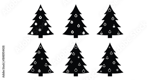 Set of six black silhouette christmas tree illustrations with ornaments, isolated on a white background, perfect for festive holiday designs and decorations