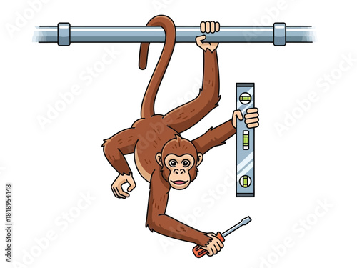 A cartoon monkey hangs from a pipe while holding a spirit level and a screwdriver.