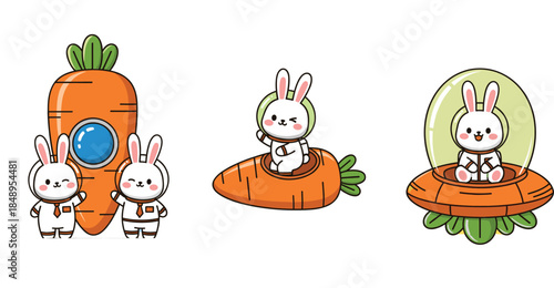 Cute bunny astronaut cartoon collection with carrot spaceship and floating carrot vehicle flat vector illustration for kids, space, and playful design