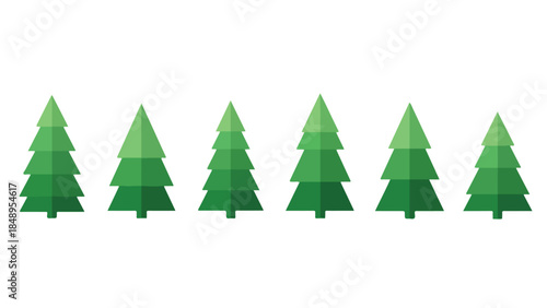 Set of stylized green christmas trees in a row, perfect for holiday decoration design and winter celebration themes, symbolizing the joy of Christmas