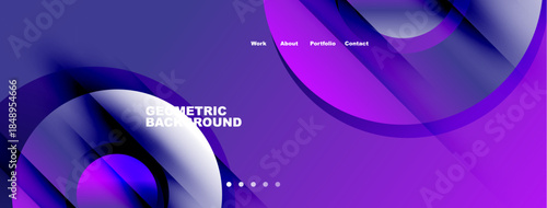 Abstract fluid shapes, purple hues dominate design. Minimalist header includes work, about, portfolio, contact options. Geometric background present.