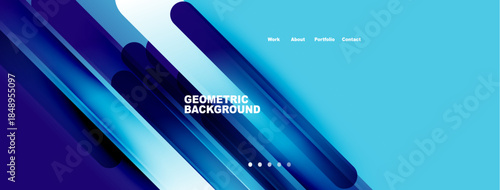 Abstract blue geometric background. Modern design features layered shapes, gradients, text elements for website header or banner.