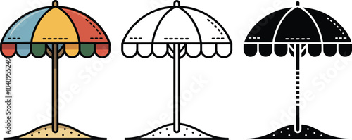 Beach umbrella silhouette & Outline and illustration set isolated on transparent background
