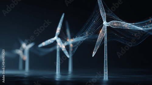 A futuristic depiction of wind turbines, showcasing clean energy and technology