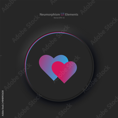 Round black button with pink and blue hearts symbol. A heart-shaped vector icon in a fashionable neomorphic style. Vector EPS 10.