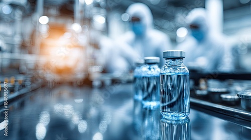 Medical vials on production line with workers in protective suits