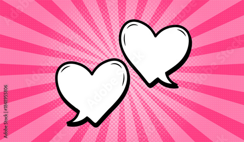 Two heart-shaped speech bubbles in retro comic style on pink background. Speech bubbles with semitones and radial rays, or elements of cartoon design, comics. Vector EPS 10.