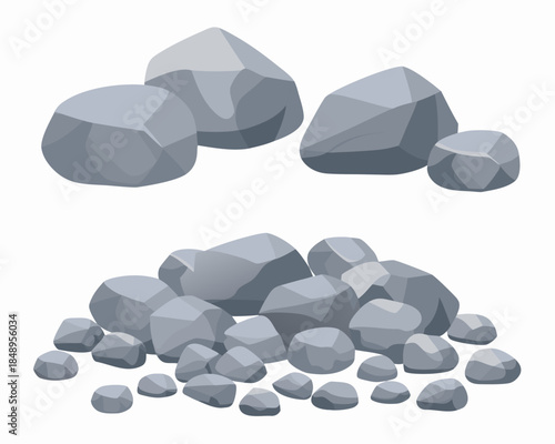 A collection of gray rocks and a pile of pebbles on a white background