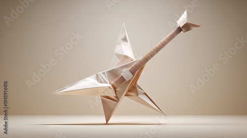 Origami guitar illustration on beige background with shadows and copy space