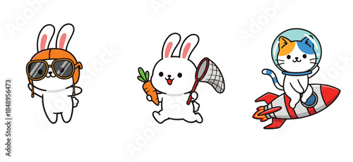 Cute cartoon bunny and cat astronaut character collection with carrot hunter and rocket ride flat vector illustration for kids and playful design