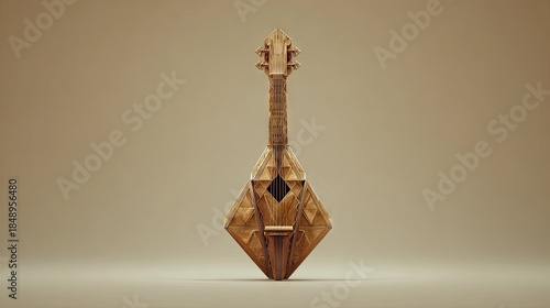 Geometric wooden lute instrument on beige background with shadows