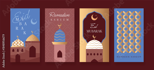 Set of Ramadan and Eid Mubarak greeting cards with mosque domes, minarets, crescent moons and gold geometric patterns on blue and red backgrounds. Vector illustration for cards, banners, web.