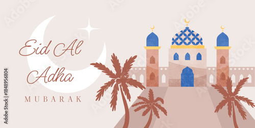 Eid Al Adha greeting card with blue domed mosque, crescent moon, palm trees and festive lettering on pastel background. Islamic holiday vector illustration for ad, web banner and marketing.