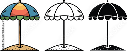 Beach umbrella silhouette & Outline and illustration set isolated on transparent background