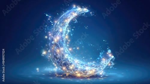 Glowing crescent moon illustration with sparkling lights against blue background