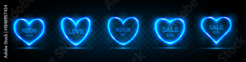 A set of blue neon heart-shaped frames with a place for text on a dark background. Glowing hearts for holiday cards, banners, invitations. Vector illustration.